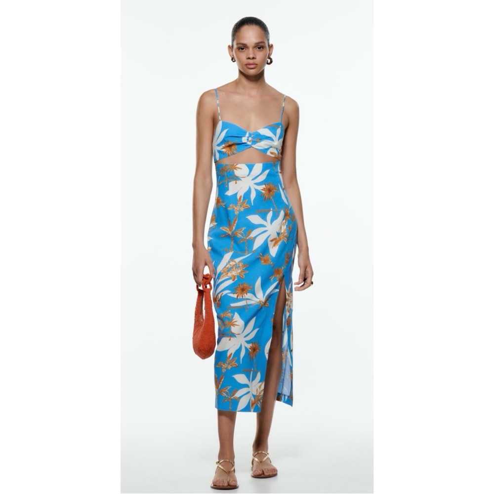 NWT / Zara - Blue Tropical Cut Out Linen Midi Dress